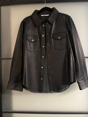 Zara Black REAL Leather Button-Front top